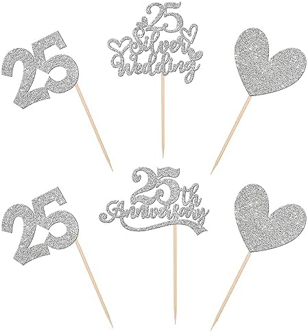 24 PCS 25th Anniversary Cupcake Toppers Glitter Heart 25 Silver Wedding Anniversary Cupcake Picks Cheers to 25 Years Cake Decorations for Happy 25th Wedding Anniversary Party Supplies