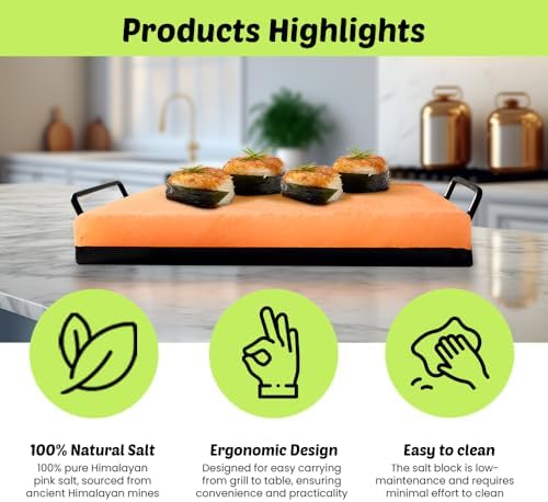 POHS Himalayan Salt Block Cooking Plate 12x8x1.5 for Cooking, Grilling, Cutting and Serving, with Metal Tray & Recipe Booklet Unique Gifts for Men, Women, Chefs & Cooks