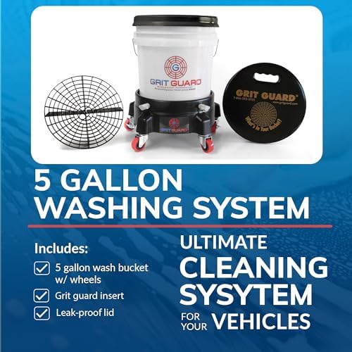 Grit Guard 5 Gallon Washing System | Includes 5 Gallon Bucket, Grit Guard, Bucket Dolly, and Gamma Seal Lid | for Car Wash and Detailing |All Black