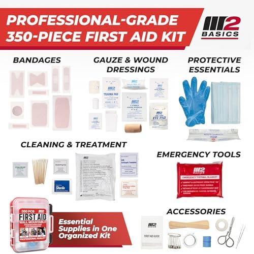 M2 BASICS 350 Piece First Aid Kit, Wall Mount Hard Case with Dual Layer Compartments for Workplace, Office, Warehouse, Home, Car