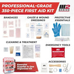 M2 BASICS Professional 350 Piece First Aid Kit, Wall Mountable Dual Layer Hard Case for Business, Home, Car, Vehicle & Work