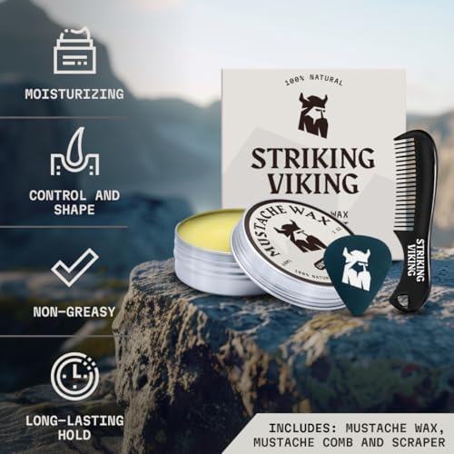 Striking Viking Mustache Wax Kit with Comb - 2 oz, Unscented, Strong Hold - Unscented Mustache Wax for Men & Anti-Static Comb for Precise Grooming - Non-Greasy Formula for Easy Beard Care
