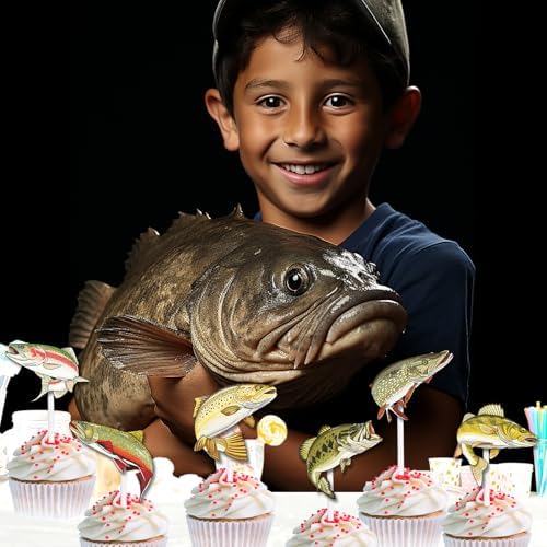 18pcs Fishing Cupcake Topper Set Fisherman Happy Birthday Bass Trout Decorations, Fishing Party, Boys and Girls Birthday Party, or Baby Shower Decoration Supplies, Birthday Gifts for Kids. LIANGSS