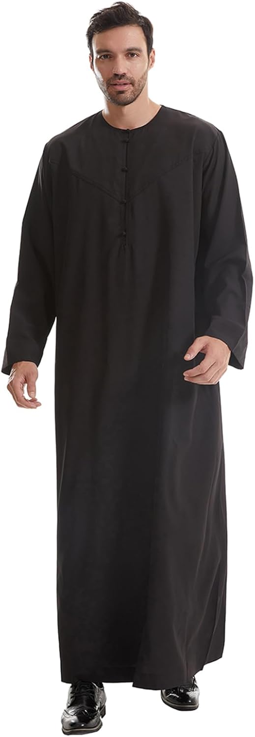IWEMEK Men Muslim Thobe Long Sleeve Kaftan Robe with Pockets Saudi Arabic Thobe Ramadan Middle East Dubai Islamic Abaya Dress