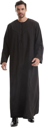 IWEMEK Men Muslim Thobe Long Sleeve Kaftan Robe with Pockets Saudi Arabic Thobe Ramadan Middle East Dubai Islamic Abaya Dress