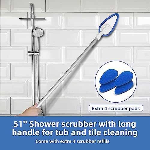 Qaestfy Shower Bathtub Tub Tile Scrubber Cleaning Brush with 51'' Handle, 5 Non-Scratch Scouring Pads, Adjustable Long Handled Scrub Brush for Cleaning Shower Bathroom Vessel Sinks Toilet Wall Floor