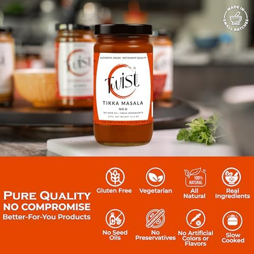 Twist Foods Tikka Masala Sauce | Mild Indian Simmer Sauce | Authentic Restaurant-Style Indian Curry Sauce| Gluten-Free | No Preservatives or Artificial Flavors | Small Batches | 12.3 oz Jar