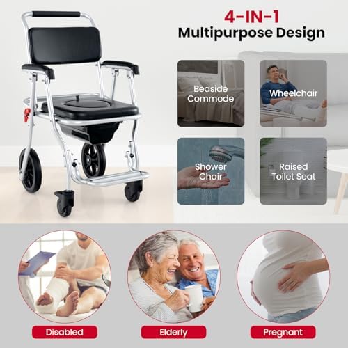 Goplus 4 in 1 Shower Commode Wheelchair, 330lbs Foldable Bedside Commode Chair for Toilet with Arms, Portable Rolling Shower Chair with Wheels for Elderly Disabled Handicap Adults Bariatric