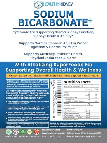 Organic Use Sodium Bicarbonate Alkaline Supplement for Alkalinity. Support Kidneys & Stomach Acid Neutralizer w/Alkaline Superfoods. Sodium Bicarbonate Powder Kidney Immune Support Antacid Sports 1LB