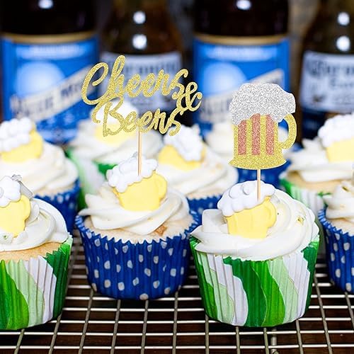 24Pcs Cheers Beer Mug Cupcake Toppers Beers Cake Topper Decorations Cheers Beer Festival Celebrating Birthday Party Supplies - Gold Glitter