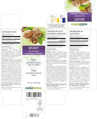 Naturalma Walnut (Juglans regia) Hull of The Fruit or Pericarp (Walnut Husk) and Leaf Alcohol-Free Tincture - 4 fl oz Liquid Extract in Drops - Herbal Supplement - Vegan