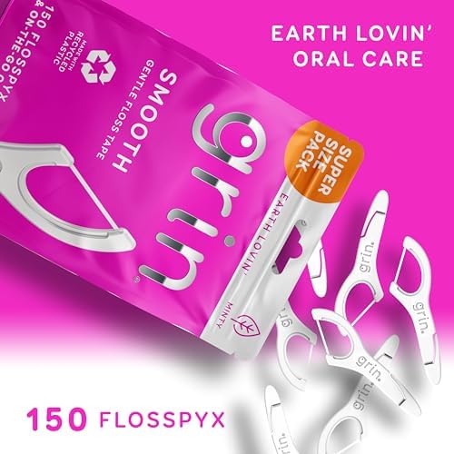 GRIN Smooth Flosspyx, Gentle Floss Picks, 150 Count, Dental Flossers, Minty Flavor, Recycled Plastic, Smooth Floss, Tight Teeth, Premium Longer Floss Head, Includes Safe Fold-Back Tooth Pick