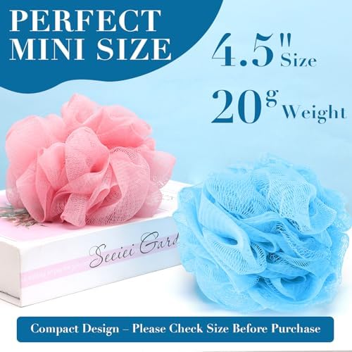 20 Pack Mini Loofah Sponge for Shower, Travel Size Bath Sponges Mesh Shower Puff Bath Pouf with Hanging Loop, Body Scrubber for Kids Women Men, 5 Colors Bath Sponges for Shower (20g)