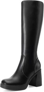 DREAM PAIRS Knee High Boots for Women Platform Square Toe Chunky Block Heeled Stylish Comfortable Tall Boots with Side Zipper