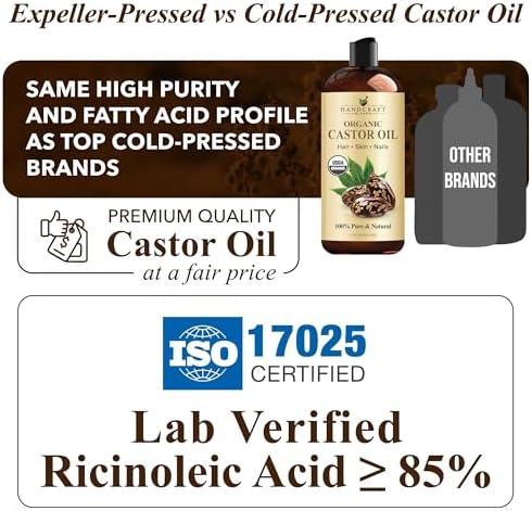Handcraft Blends Organic Castor Oil 16 Fl Oz | 100% Pure and Natural | Premium Grade Carrier Oil | Hair, Eyelashes and Eyebrows | Hair and Body | Expeller-Pressed | Hexane-Free
