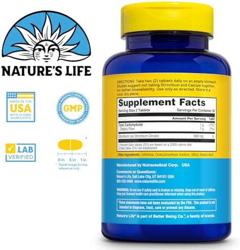 Nature's Life Strontium Citrate 680 mg Supplement for Men & Women - Trace Mineral Support for Bone Health, High Absorption Formula, Gentle Digestion - 60 Vegetarian Tablets