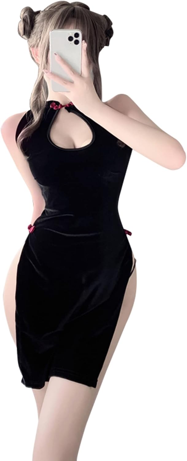 SINGUYUN Chinese Cheongsam Lingerie Retro Print Dress Sexy Anime Cosplay Costume for Women Qipao Babydoll Outfit