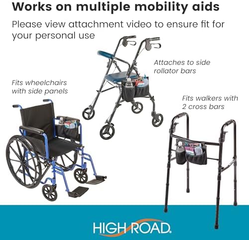 High Road Wheelchair Side Bag with Cup Holder Pocket - Stretch Neoprene Walker and Wheelchair Pouch with Insulating Wheelchair Bottle Holder and 2 Storage Pockets
