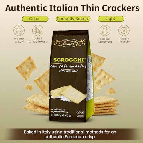 Scrocchi Italian Thin Crackers, Assorted with Sea Salt for Light Snacking- Olive Oil Crackers with Delicate Flavors & Crisp Texture - Flavored Crackers for Entertaining, Travel & Pairing with Dips-3pk