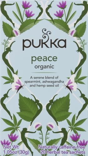Pukka Organic Peace Herbal Tea with Spearmint, Ashwagandha, and Hemp Seed Oil, Caffeine Free, 20 Total Tea Bags