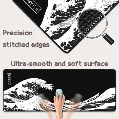 Mouse Pad Gaming - Desk Mat for Keyboard and Mouse - Kanagawa Large Mouse Pad for Desk, Japanese Sea Wave Mousepad (31.5 x 11.8inch) with Non-Slip Base, Desks Pad Mat for Game, Office and Home
