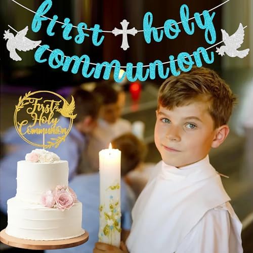 First Communion Decorations, First Holy Communion Banner and First Communion Cake Topper, Baptism Decorations for Boys Girls (blue gold)