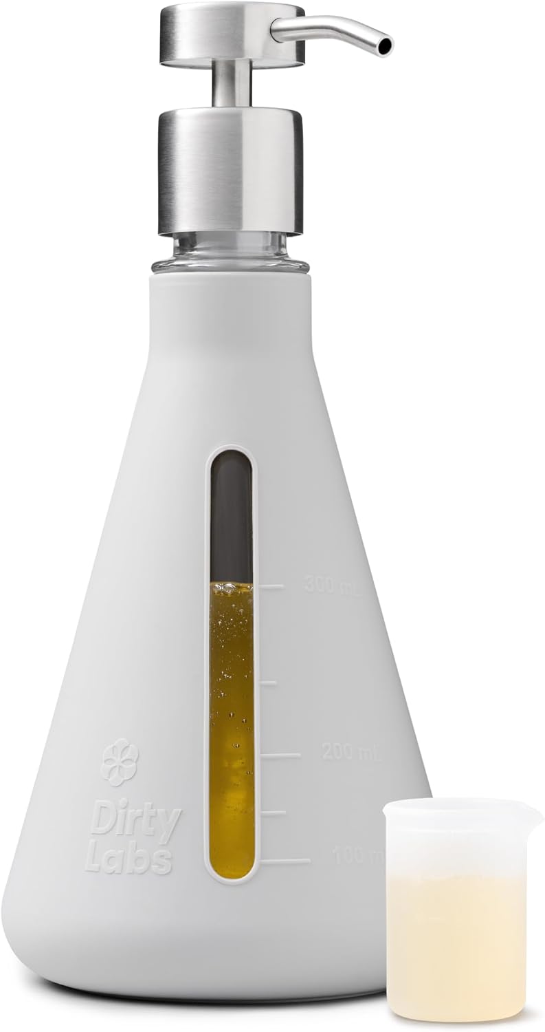 Dirty Labs | Reusable Erlenmeyer Glass Dispenser and Pump | Liquid Laundry Detergent Dispenser | Holds 40 loads | 375 mL | Machine Washable