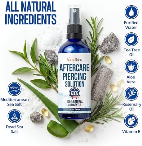 BodyJ4You Piercing Aftercare Spray - Saline Solution Natural Keloid Bump Removal - Ear Piercing Cleaner Nose Septum Belly Button Cartilage - Sea Salt Aloe Vera Rosemary - Fine Mist 2 Fl Oz