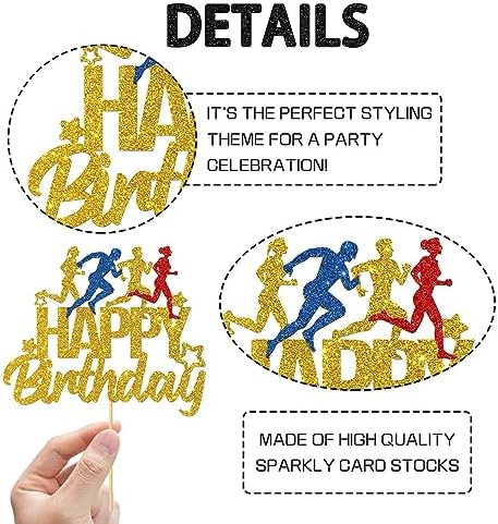 WeBenison Marathon Happy Birthday Cake Topper, Sport Running Birhday Cake Supplies, Sport Keep Fit and Fitness Theme Running enthusiasts Birthday Party Decorations Gold Glitter