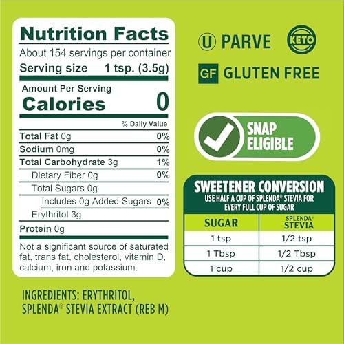SPLENDA Stevia Zero Calorie Sweetener, Plant Based Sugar Substitute Granulated Powder, 19 oz Jar