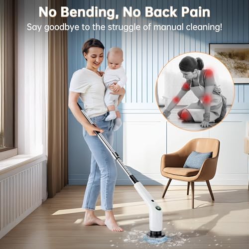 PUFTEM Electric Spin Scrubber, Cordless Shower Scrubber with 8 Scrub Brush, 2 Speed with Adjustable Extension Handle, Battery Level Display, Power Scrubber for Bathroom Bathtub Tile Floor (Black)