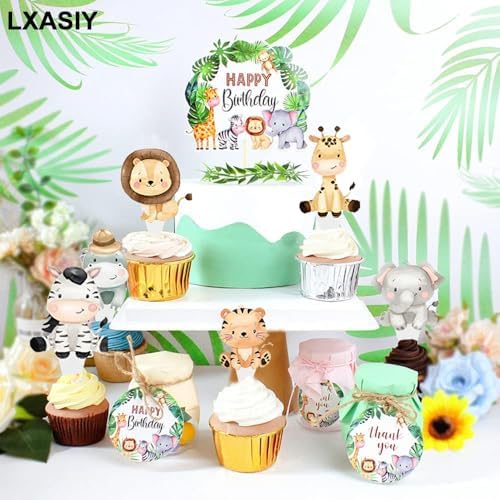24Pcs Jungle Safari Animal Cupcake Toppers Happy Birthday Cake Decor for Jungle Theme Baby Shower Kids Birthday Party Wild One Cake Decorations Supplies