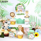 24Pcs Jungle Safari Animal Cupcake Toppers Happy Birthday Cake Decor for Jungle Theme Baby Shower Kids Birthday Party Wild One Cake Decorations Supplies