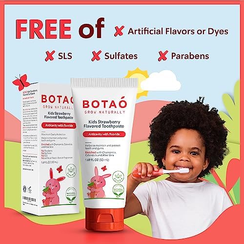 Kids Natural Strawberry Flavored Anticavity Fluoride Toothpaste Maximum Cavity Protection Cleans Children’s Teeth Protects Gums Chamomile Aloe Vera Calendula Xylitol for Ages 2 and Up