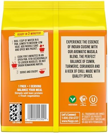 Maggi Classic Indian Masala Noodles, 3 min Indian Noodles, Mildly Spicy, Vegetarian, Halal, Kosher, 4 Pack