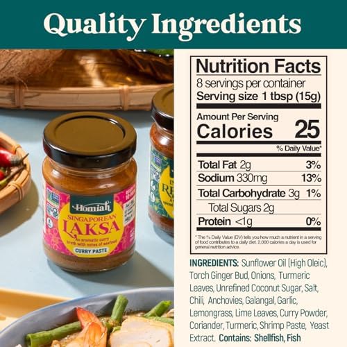 Homiah Laksa Curry Paste, 4 Oz – Gluten-Free, Non-GMO Singaporean Curry Paste, Thai Essentials for Kitchen – Premium Laksa Thai Paste for Authentic Asian Dishes (1 Jar)