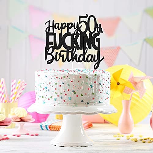 Happy 50th Fuxking Birthday Cake Topper - Funny Black Glitter 50 & Fabulous Party Supplies - Cheers to 50 Years Party Cake Decoration