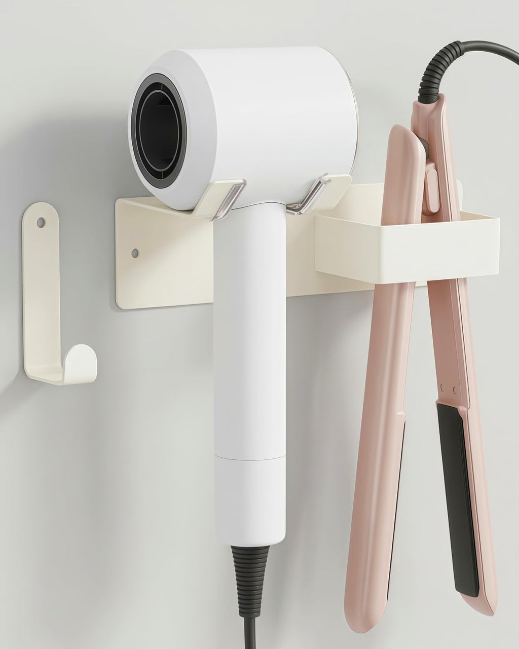 Hair Dryer and Straightener Holder, Upgraded Hair Straightener Holder with Cable Hook, Stainless Steel Universal Hair Dryer Wall Mount Waterproof for Bathroom Space-Saving White