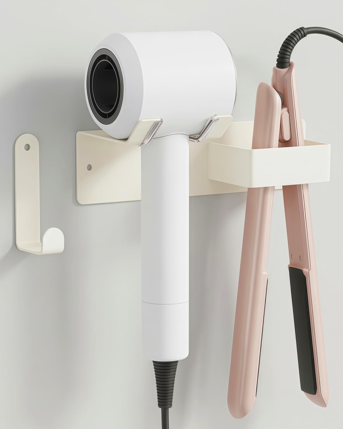 Hair Dryer and Straightener Holder, Upgraded Hair Straightener Holder with Cable Hook, Stainless Steel Universal Hair Dryer Wall Mount Waterproof for Bathroom Space-Saving White