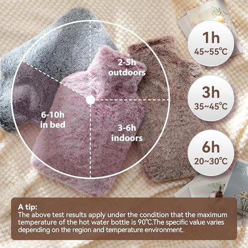 Hot Water Bottle with Luxury Cosy Faux Fur Cover, 2L Leakproof Hot Water Bag for Neck, Shoulder Pain Relief, Hot and Cold Therapies for Women,Men, Brown