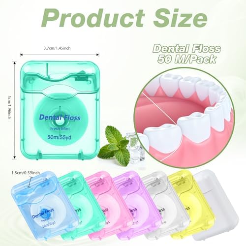 Dental Floss Bulk Travel,50m/55yd Floss in Bulk Mint Flavored Travel Dental Floss Waxed Oral Care for Adults Homeless Teeth Giveaways Kids Patients (7 Colors,Pack of 14)