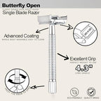 WEISHI Butterfly Open Double Edge Safety Razor for Men, Chrome Long Handle with 5 Stainless Razor Blades Included, Reusable Wet Shave Tool for Smooth, Close Shave