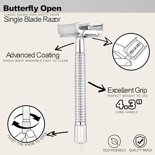 WEISHI Butterfly Open Double Edge Safety Razor for Men, Chrome Long Handle with 5 Stainless Razor Blades Included, Reusable Wet Shave Tool for Smooth, Close Shave