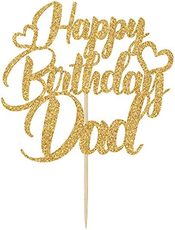 Sesyomr Gold Glitter Happy Birthday Dad Cake Topper - Father's Day, 1 Count, 5.9"W x 8.8"H