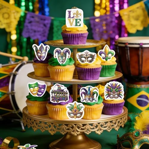 52PCS Edible Mask Cupcake Toppers Wafer Paper Love Masquerade Masks Cupcake Picks for Party Baby Shower Birthday Party Cake Decorations Supplies