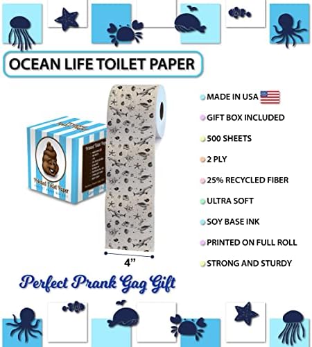 Printed TP Ocean Life 2 Ply Toilet Paper Bathroom Tissue - Novelty Beach Pattern Bath Tissue Roll - Funny Toilet Paper for Home Decor, Potty Gag Gifts, Prank and Hilarious White Elephant - 500 Sheets