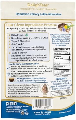 DelighTeas Organic Coffee Alternative | Ayurvedic Herbal Chicory Dandelion Coffee | Coffee Substitute | USDA Organic, Caffeine Free, Gluten Free | With Sweet Notes of Carob | 50 servings, 6oz.