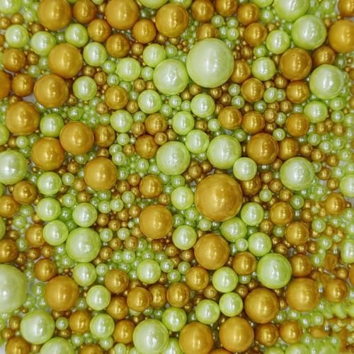 St. Patricks Day Edible Green & Gold Sugar Pearls Sprinkles Candy Mix Size Pearls Cake Decorations Cupcake Toppers Decorating Perfect for Wedding Party Valentine 4.58OZ