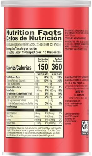 Pringles Potato Crisps Chips, Lunch Snacks, Office and Kids Snacks, Grab N' Go, Original (12 Cans)