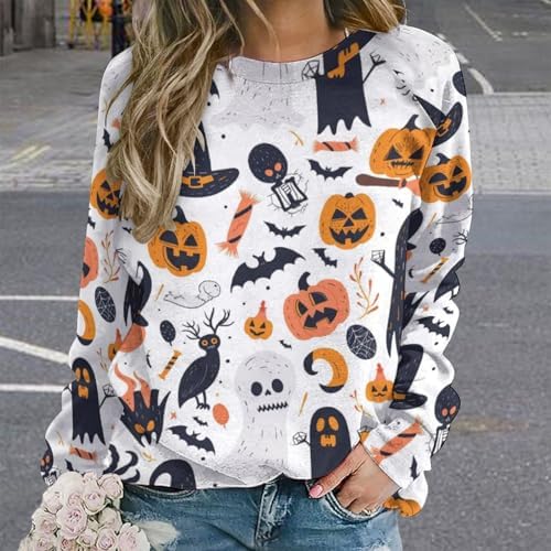 domirica Sweatshirt for Women Halloween Print Fashion Comfy Fall Oversized Outfits Crewneck Lightweight Cotton Shirts